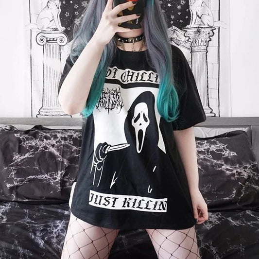 Gothic Dark Punk Loose Black T-shirts Women